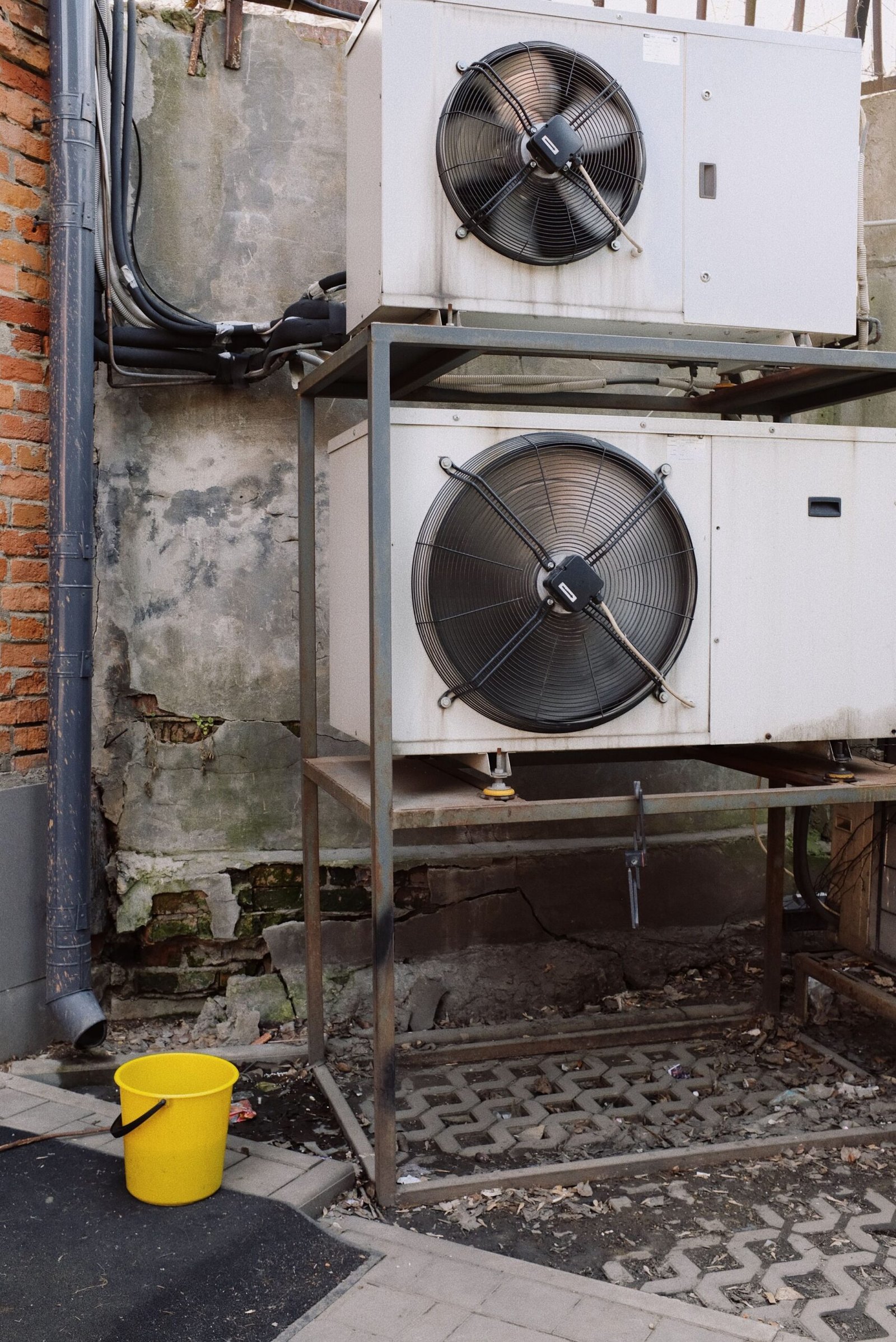 Refrigeration condensing units on a wall