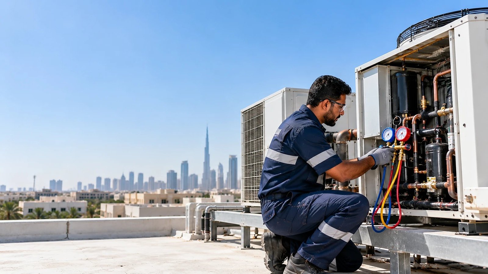 Refrigeration technician checking pressures on a rooftop condensing unit in Dubai