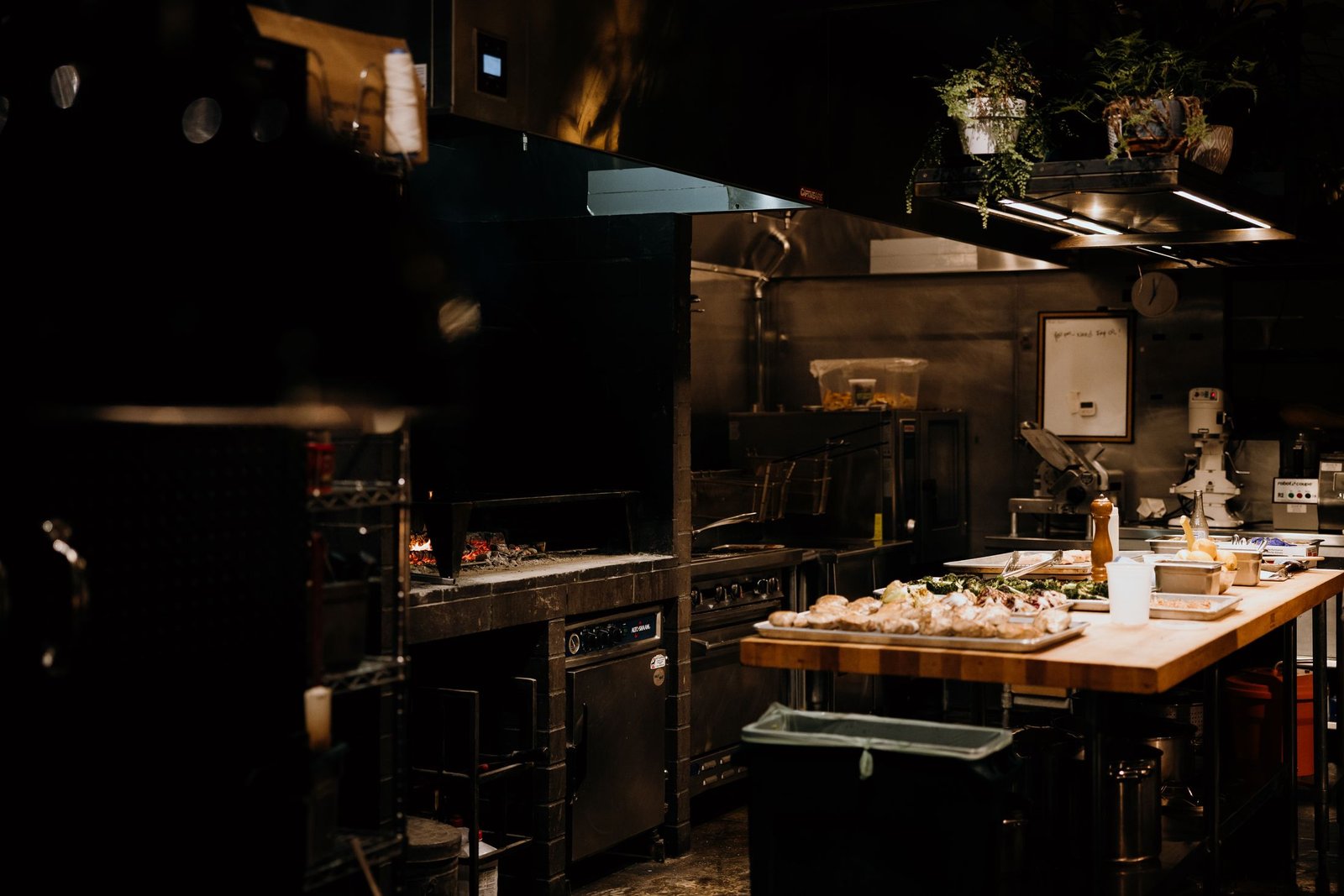 Commercial restaurant kitchen at night