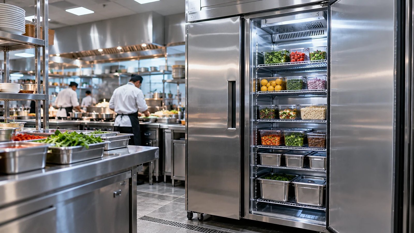 Reach-in fridge in a hotel kitchen