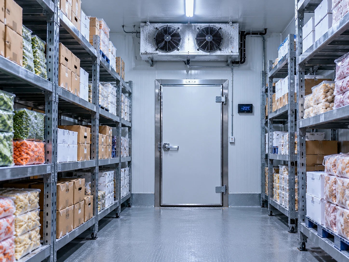 Clean walk-in freezer at -18°C with frozen stock on racking
